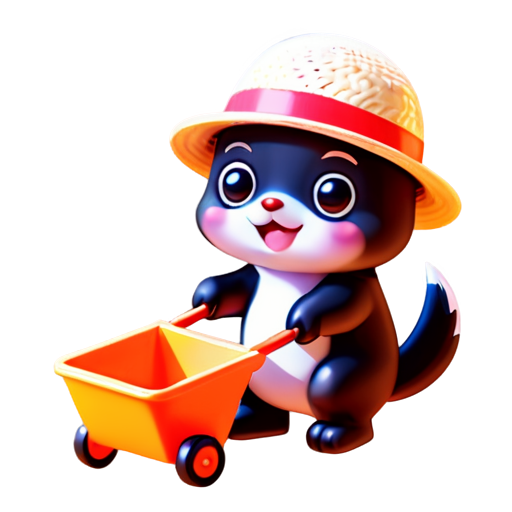 a small mole, in a straw hat and glasses, with a shovel in his paws, digging a hole, a pile of earth, butterflies, birds, grass, a garden wheelbarrow, earth in a wheelbarrow, sunny sky, white clouds - icon | sticker