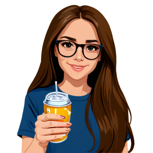 cartoon cute girl in glasses with long brown hair and with a crazy look who loves energy drinks - icon | sticker