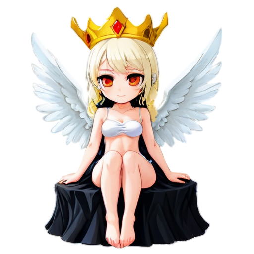 1 girl, demon queen, sitting on a dark throne, shiny skin, sweaty, blush, beautiful face, yellow eyes, white hair, pale skin, wings, horns, crossed legs, from below, air of superiority, red tiara - icon | sticker