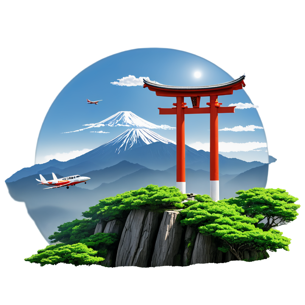 no humans, tree, scenery, aircraft, torii, mountain, plant, architecture, sun, airplane, cloud, east asian architecture - icon | sticker