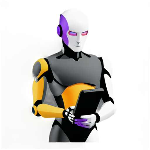 robot with phone near head black lines, orange and purple color - icon | sticker