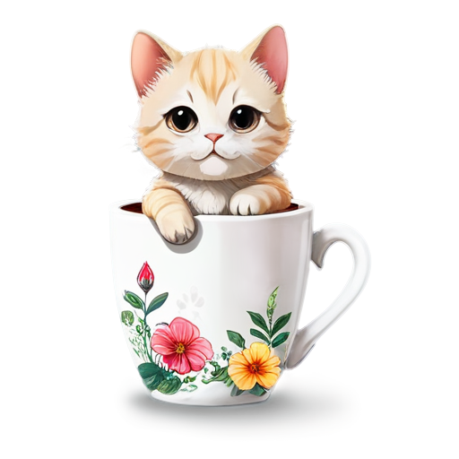 a cute cat is sitting, there is a mug of tea nearby, steam is coming from the mug. flowers are painted on the mug - icon | sticker