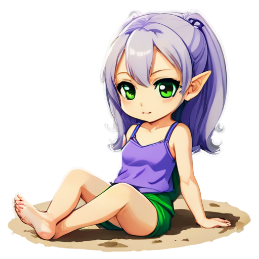 Anime young girl character with light purple, almost silver, hair styled in two low ponytails. She has pointed elf-like ears and large, expressive green eyes. teen, tiny, without shoes, on the beach, lying on the sand with her back up, heat, white sand, feeding her baby with her salt, white European appearance, young - icon | sticker