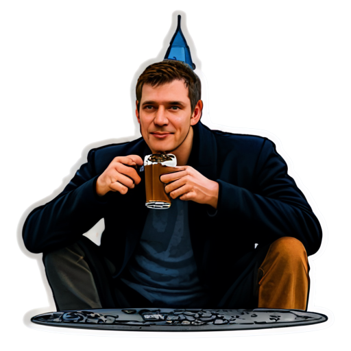 man drink beer with a man drinking beer against the backdrop of the burnt-out Kremlin. - icon | sticker