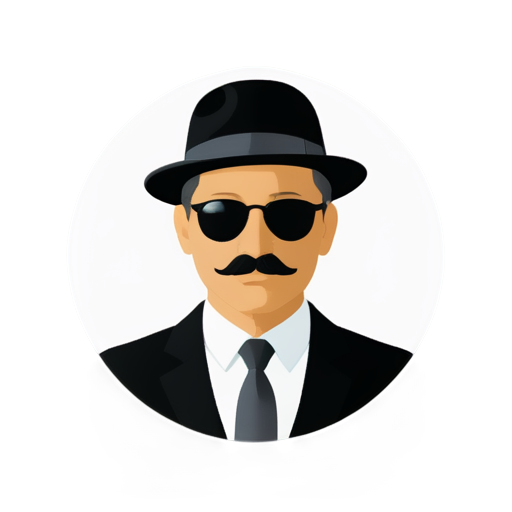 White background, black figures, hat, mustache, black glasses. The whole figure is in a gray circle. - icon | sticker