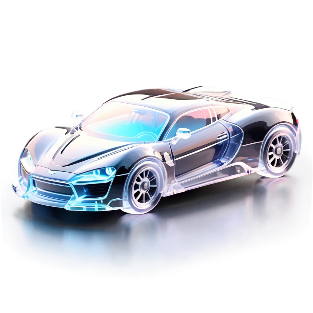 futuristic sports car, made of transparent glass material,see-through body,look through inside,include Internal parts Motherboard,knob shinning,glowing, - icon | sticker