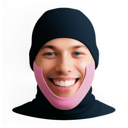 head in a pink balaclava, male type, blue eyes and lips visible, laughing - icon | sticker