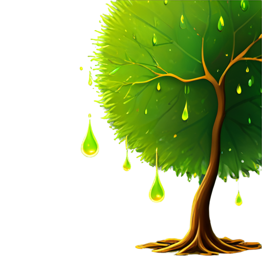 Icon: A small tree with a drop of oil falling from one of the branches. Colors: The tree is green, and the drop is gold.. - icon | sticker