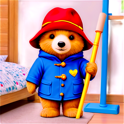 **8-digit Paddington bear plush toy depicting a bear holding a cleaning broom in its paws against the background of a 90s-style children's room -Image 7:5 -s 333** - icon | sticker