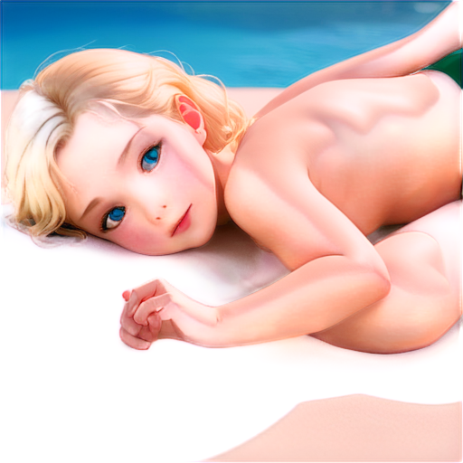 anime, day, girl, beautiful, short stature, slender, pretty, young, without shoes, on the pool, lying on the pool with her back up, heat, white sand, feeding her baby with her salt, 2d anime character, white European appearance, back end. oung anime young girl character with blond curly. She has large, expressive green eyes. teen, tiny - icon | sticker