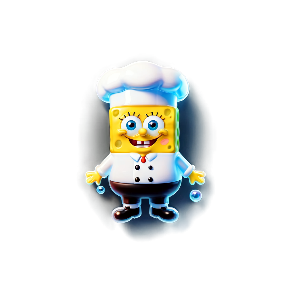 A SpongeBob SquarePants full body, with white chef hat, 3d icon,fine lustre, colorful, whitebackground, floating bubbles,kawaii,cute - icon | sticker