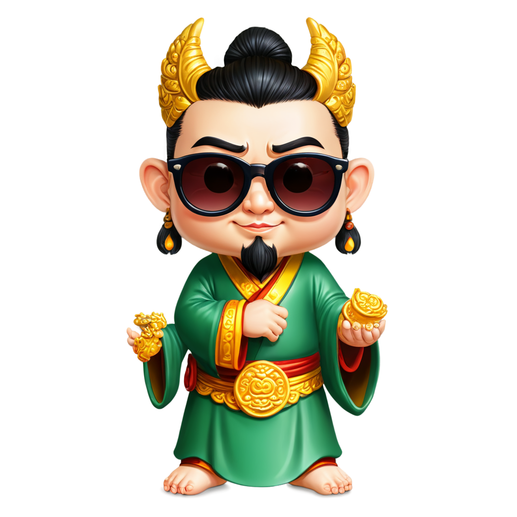 a festive Chinese cute God of Wealth wearing sunglasses, Ceramic,Pixar style, cartoon character, - icon | sticker