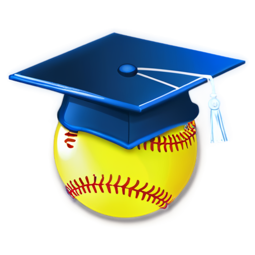 Create a vector-style logo featuring a yellow softball wearing a dark blue graduation cap. The softball should have red stitching, and the cap should include a tassel on the left side. Below the softball, include the text 'SOFTBALL BOUND' in bold, white letters with a slight gradient of blue on a dark blue banner. Use clean lines, vibrant colors, and a simple, dark background to make the elements stand out. - icon | sticker