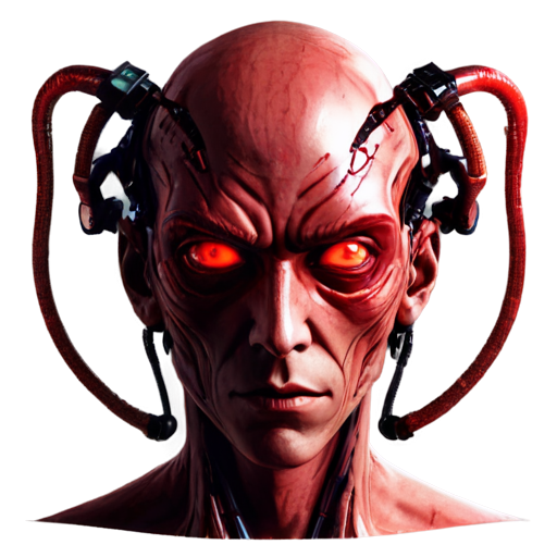 System shock game style. Cybernetic male. Red eyeballs in the shape of a heat - icon | sticker