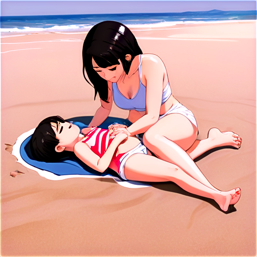 lying on the sand with her back up, heat, white sand, feeding her baby with her salt, in anime style, 2d anime character, white European appearance, young, day, girl, beautiful, dark-haired, curved, slender, pretty, young, without shoes, on the see, - icon | sticker