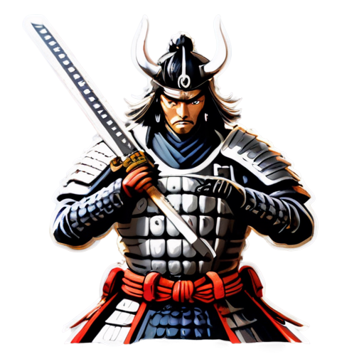 A logo featuring a close-up of a samurai armed with swords, set against a pure white background, highlighting the details and style of Japanese warriors - icon | sticker