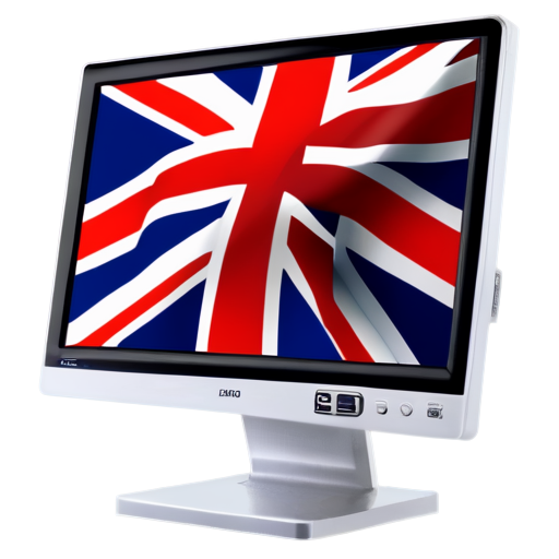 a computer monitor with the British flag on the screen, and under it a white 3d base on which it stands slightly wider than the monitor, and twice as long - icon | sticker