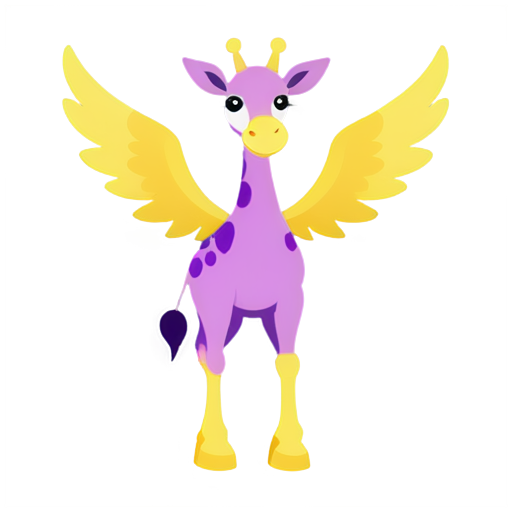 purple fluffy giraffe with wings, flat style - icon | sticker