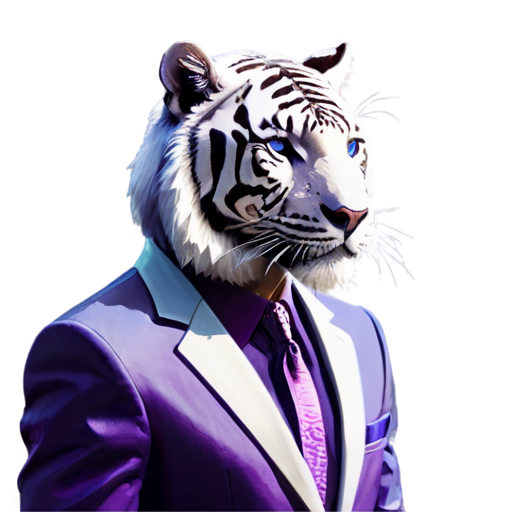 A white tiger in a white and purple suit, synthwave aesthetic, flat - icon | sticker