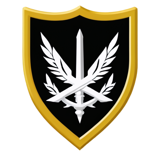 a military patch, formed as a shield, black metal style, for press service of the 28th mechanized brigade, dungeon synth style, dark and sharp edges, sword, ak 74, camera and laurel branch - icon | sticker