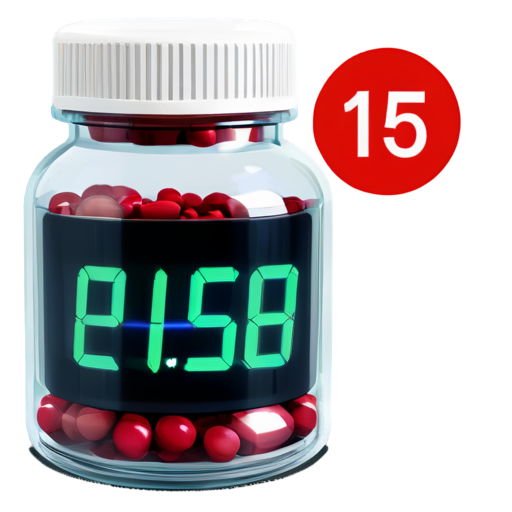 a glass pill bottle with a digital counter in it, the counter has a red 7 segment that shows the number 15, don't use a background, it should be transparent - icon | sticker