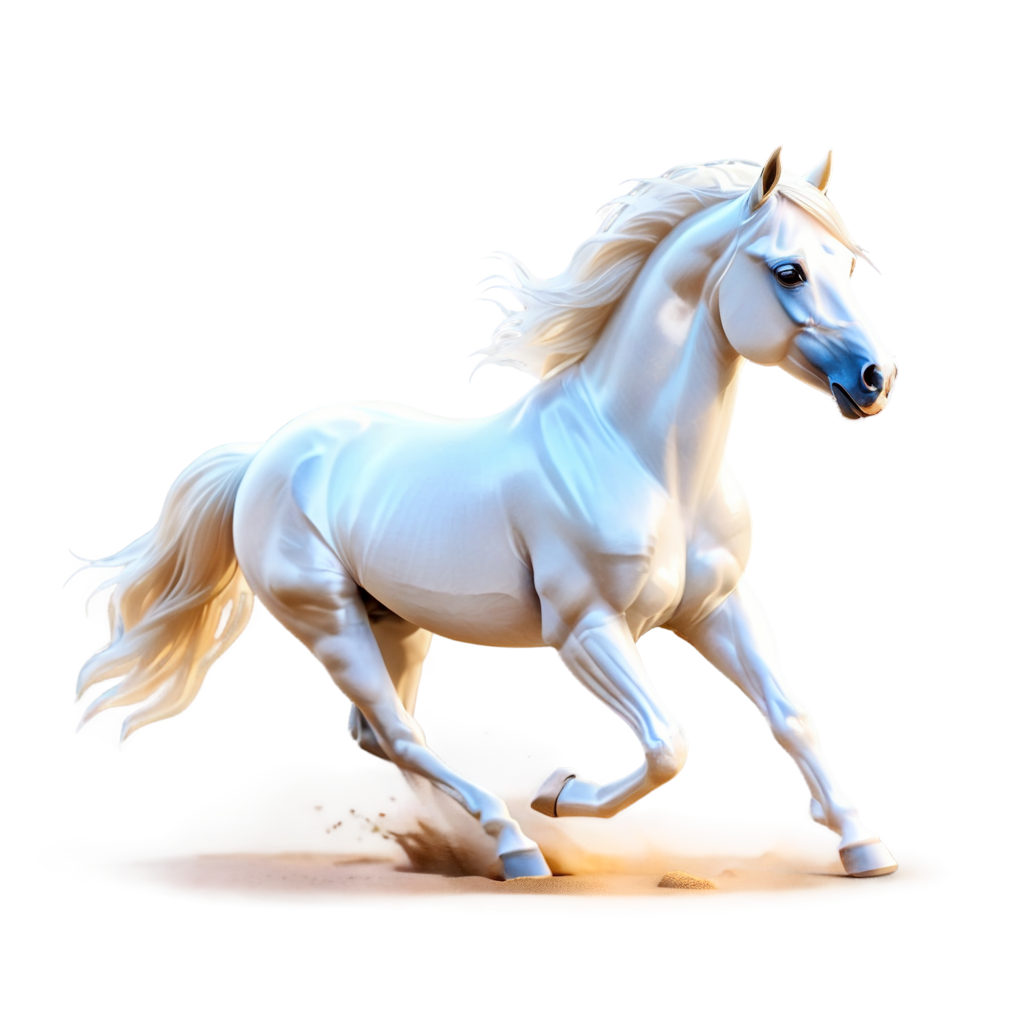 a white horse running, desert landscape, sandy terrain, galloping at full speed, dust kicking up behind, Arabian breed, detailed mane and tail, high quality, realistic, warm tones, golden hour lighting - icon | sticker