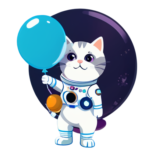 Funny cat astronaut inflates a balloon. Flat style. Colors blue and purple. - icon | sticker