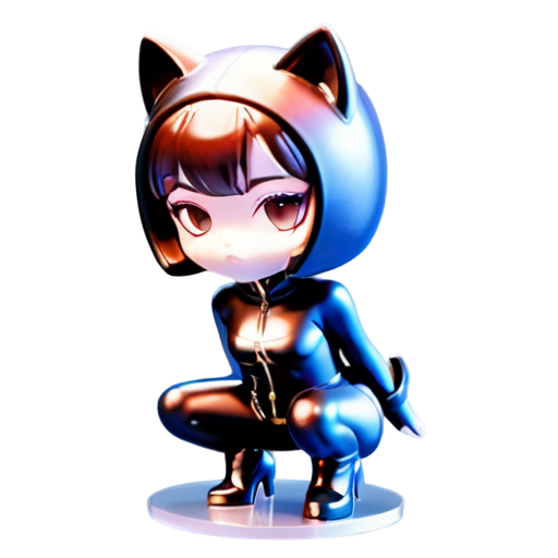 Sexy female figure in a skimpy catwoman costume, crouching on a base with one hand on the ground, wearing a tight leather bodysuit with a plunging neckline, and high-heel ankle boots - icon | sticker