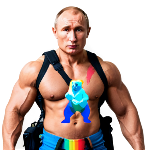 a muscular man with Putin's face riding a bear. A rainbow is flashing out of the backpack. In the background, evil freaks are hiding in a cave. - icon | sticker