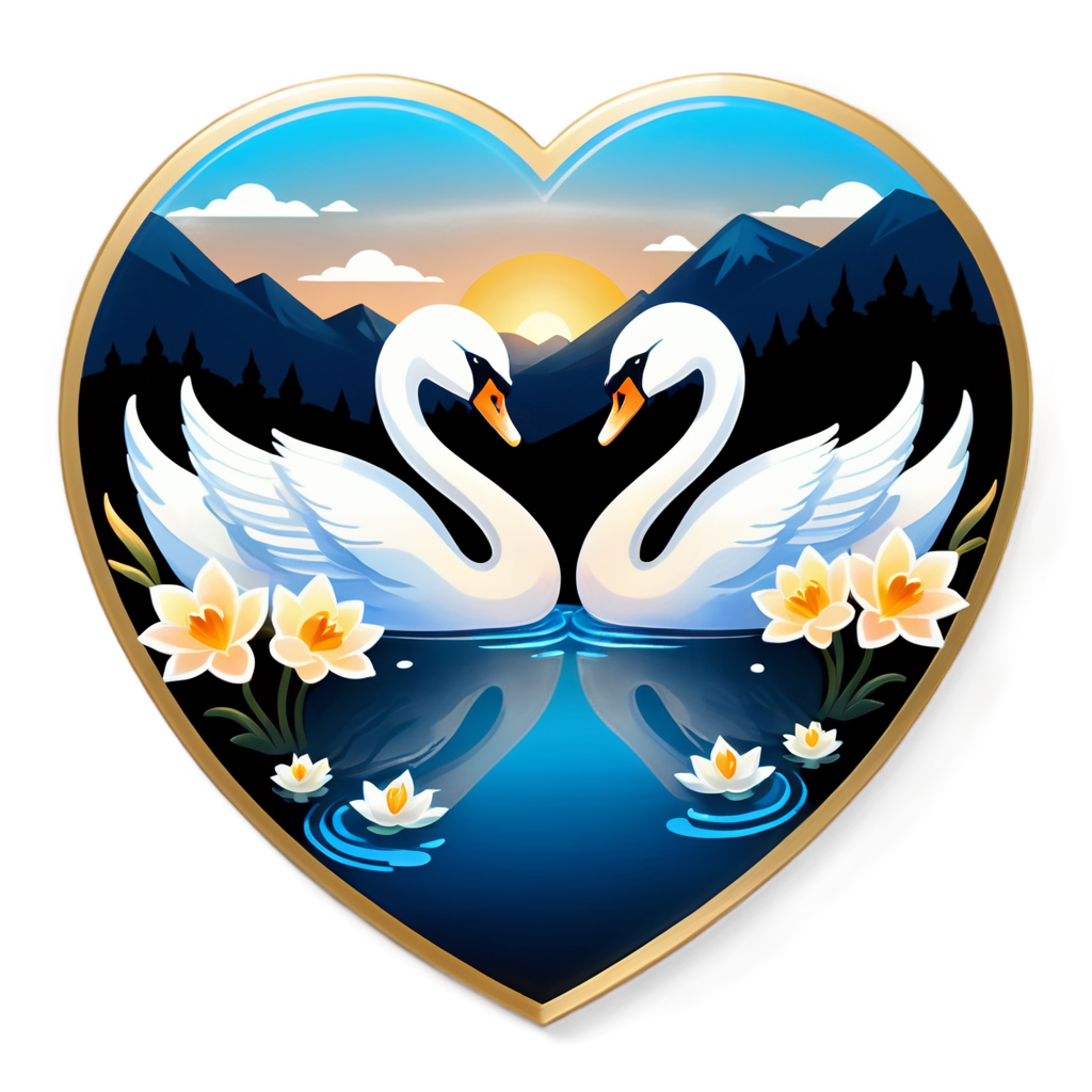 (badge design: 1.3), Swans forming a heart shape on a lake, surrounded by lilies.Elegant color scheme of white, gold, and light blue. Terada Katsuya inspired style with gradient colors, simple solid color background. Cartoon cute art style, - icon | sticker