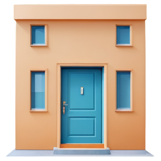 A modern, minimalistic 2D illustration representing an apartment rental service. The image features a stylized apartment building with rounded edges, emphasizing windows and a door. In front of the building is a small 'For Rent' sign, using a bolder color like orange or red. The building is in soft pastel colors, such as light blue or green, with white accents. The background is a flat color, like soft beige or light gray, creating a calm and friendly visual experience. The design has a smooth, matte finish with subtle shadows for depth. - icon | sticker