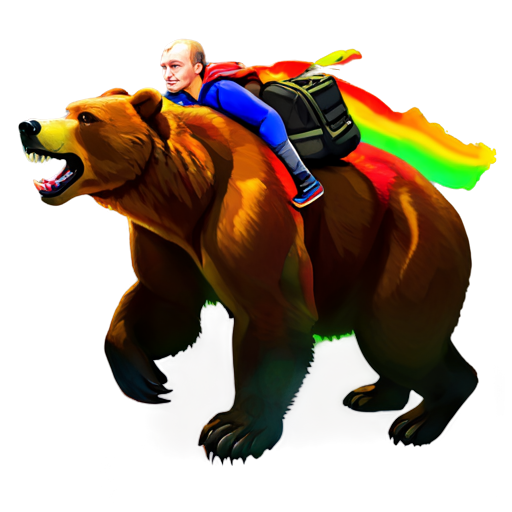 a muscular man with Putin's face riding a bear. A rainbow is streaming out of the backpack. In the background, evil freaks are hiding in a cave. - icon | sticker