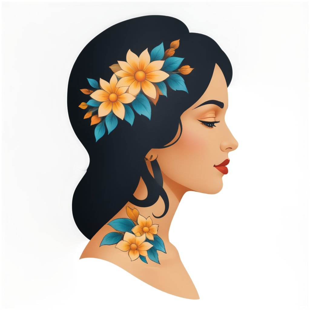 old-school tattoo design, Side profile of a gypsy, surrounded by daises, which is featured as the central element, in the style of Bert Grimm, envision classic elements like bold lines, Vibrant colors, and intricate details, capture the timeless artistry of traditional tattoos with a touch of personalization - icon | sticker