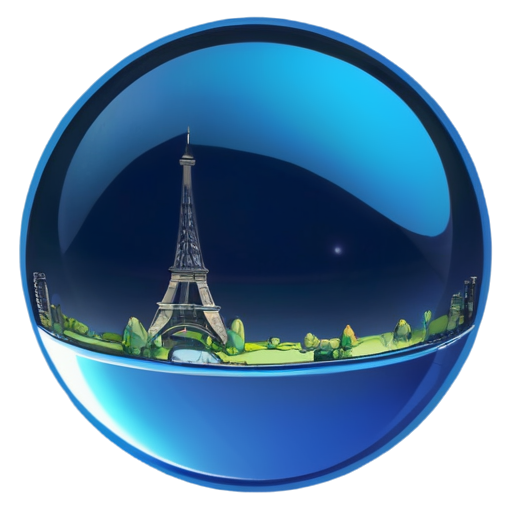 A simple, floating glass sphere without any base or stand, with a transparent, reflective surface. With Paris inside - icon | sticker