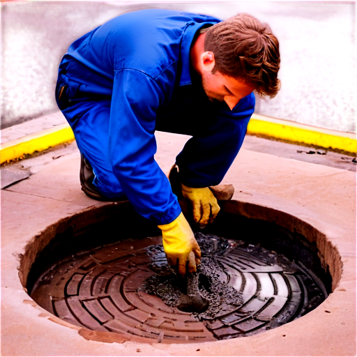 A man in blue overalls and black boots with dried mud on his toes looks into an open sewer manhole - icon | sticker