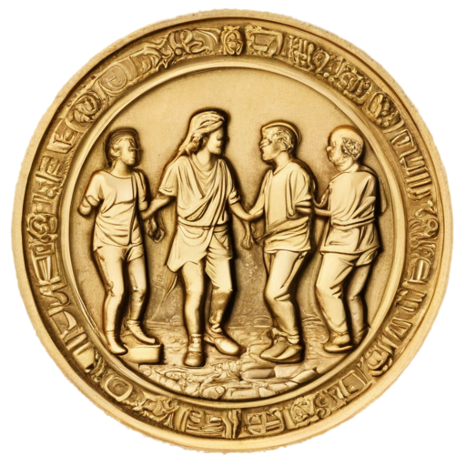 gold coin with a group of small people inside it holding hands surrounding a treasure - icon | sticker
