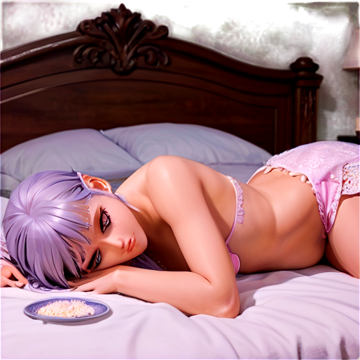 in anime style, day, girl, beautiful, silver-haired, pretty, young, without shoes, on the cosy room, lying on the bad with her back up,feeding with her salt, 2d anime character, white European appearance,young two anime-style characters in a calm and intimate setting. The character in the foreground has long, silver or light purple hair,2 ponytails, pointed elf-like ear. Her eyes are closed, and she appears relaxed. as detailed as possible, wet and dripping in a cozy, dimly lit room. There's a gentle and caring atmosphere between the two characters, - icon | sticker