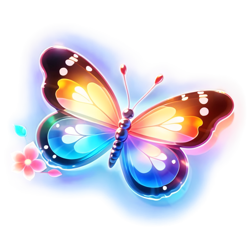 (((a transparent butterfly on a transparent rose)))), refracting colorful light, Flowers glow, glowing petals falling in the air, transparent petals, fluorescent leaves, soft colorful, fluorescent, gradient, colorful particles, Flowing, contour light,Bright and colorful, - icon | sticker