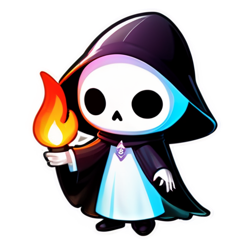 a modern logo of a murky cute specter of plague doctor wearing a cape and a skull mask, holding a blink flame in hands, a little tiny sparkling around, minimalist, bright and dark colors - icon | sticker