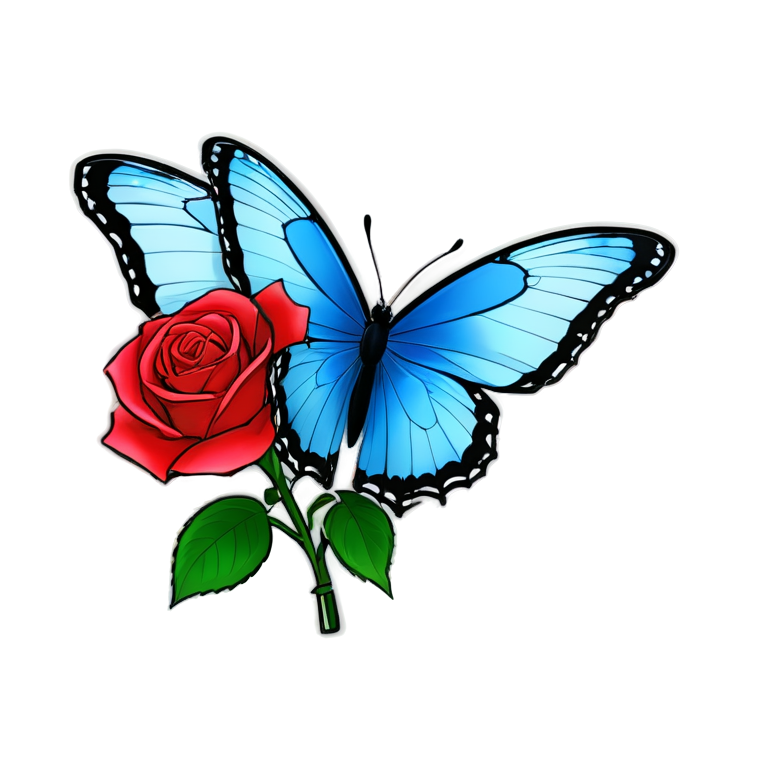 A minimalist cartoon blue butterfly flying away from a rose - icon | sticker