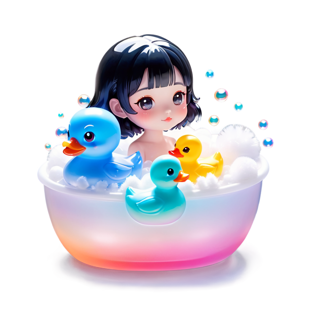 little dragon in a bathtub playing with plastic ducks, cute face, head underwater, blushing, sunshine, multicolored fur, white fur, bubbles, soap, playing with foam, window， cute animal, kawaii - icon | sticker