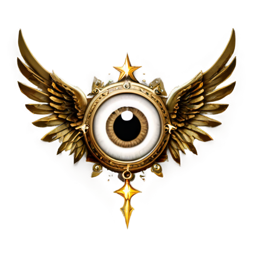 An angelic symbol of an eye shape with a satanic star behind it gold and white colors, wings - icon | sticker