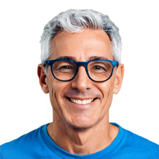 Prompt: “cool nerdy man, bold glasses, short grey hair, 50-year-old, bright blue shirt, smiling, white background” - icon | sticker