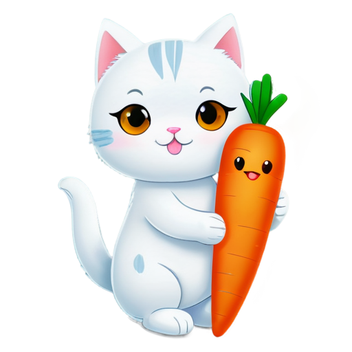 white cat hugging a carrot plushie; minimalistic - icon | sticker