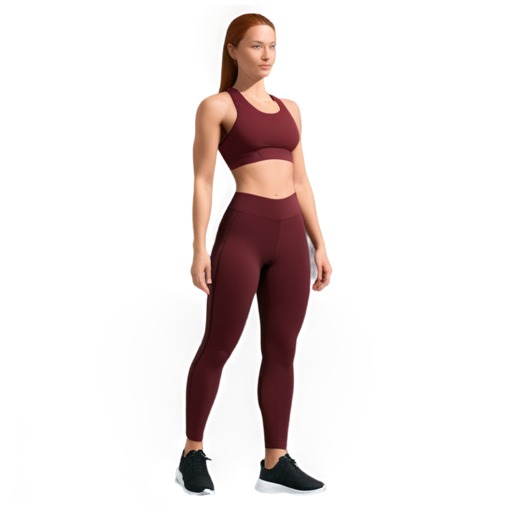 beautiful sport -girl robot fitness trainer with reddish straight hair below the shoulders, beautiful appearance in burgundy Adidas leggings and bodysuit, wight with three strips burgundy Adidas sneakers - icon | sticker