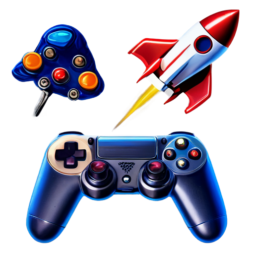 A game controller surrounded by game covers, or a rocket launching into space (symbolizing success). - icon | sticker