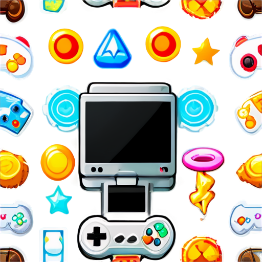 "Create a background image that represents a rich portfolio of successful games. Use a dynamic composition featuring various game-related graphics such as game controllers, trophies, and game icons. Include vibrant colors and abstract shapes to suggest a diverse and successful track record in game development." - icon | sticker