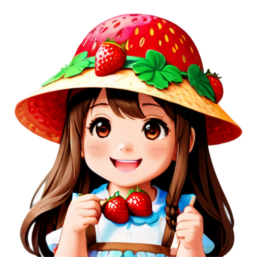 1girl, solo, long hair, smile, open mouth, bangs, brown hair, hat, strawberry, holding fruit, upper body, braid,chibi, black eyes, twin braids, fruit, red headwear, - icon | sticker