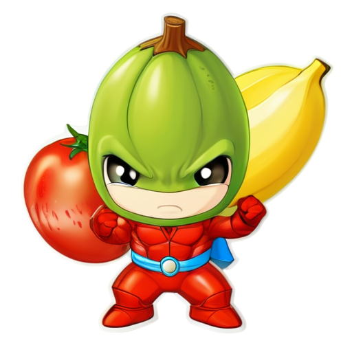 un citron, une tomate, une banane, une fraise en superhéros marvel - icon | sticker