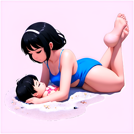 in anime style, day, girl, beautiful, dark-haired, curved, slender, pretty, young, without shoes, on the see, lying on the sand with her back up, heat, white sand, feeding her baby with her salt, 2d anime character, white European appearance, young, - icon | sticker